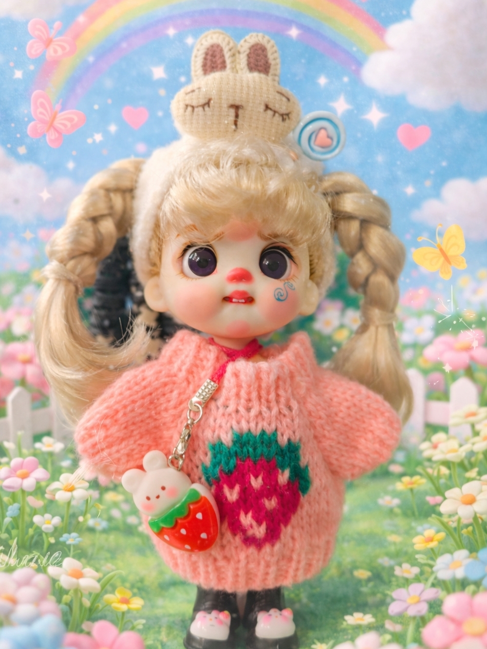 Pink Strawberry Sweater Doll with Bunny Headband